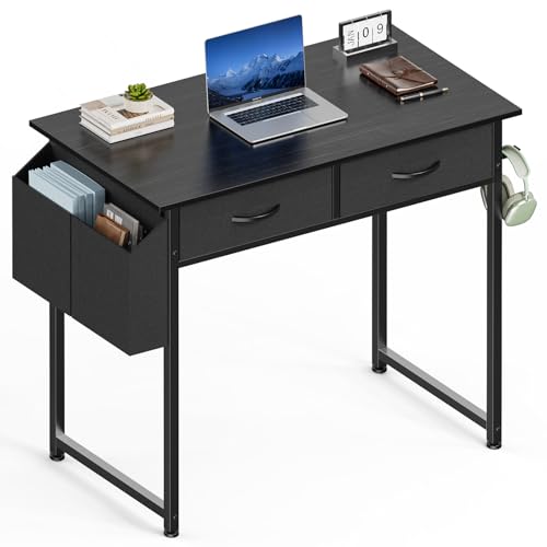 Sweetcrispy 32 Inch Small Computer Desk with Fabric Drawers for Bedroom Home Office, Writing Gaming Desks Study PC Table with Side Bag and Headphone Hook, Black