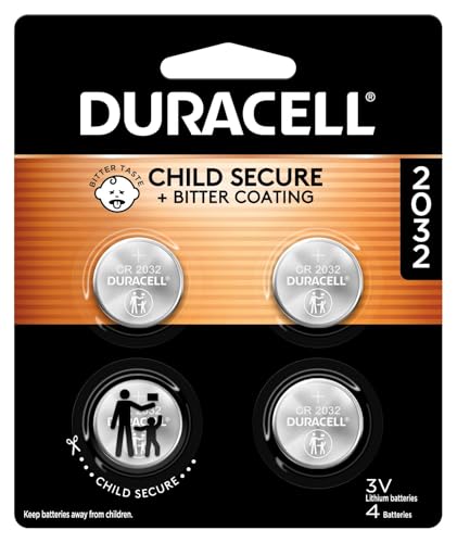 Duracell 2032 Lithium Battery, 4 Count (Pack of 1), Child Safety Features, Compatible with Key Fob, Tea Light Candles and Other Devices, CR2032 Battery