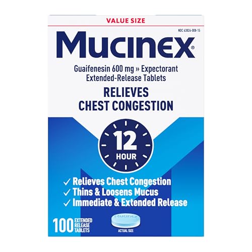Mucinex 12 Hour 600 mg Guaifenesin Extended-Release Tablets for Excess Mucus Relief, Expectorant Aids Excess Mucus Removal, Chest Congestion Relief, 100 Bi-Layer Tablets