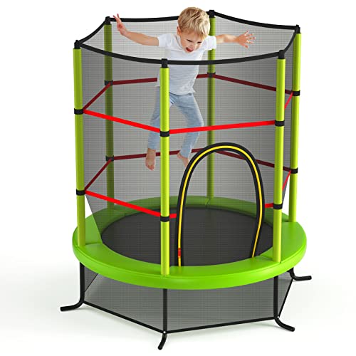 GYMAX Toddler Trampoline, 55” Trampoline for Kids with Bottom-to-Top All-Round Enclosure Net & Seamless Jumping Mat, ASTM Approved Easy Assembly Kids Mini Trampolines Indoor/Outdoor (Grass Green)