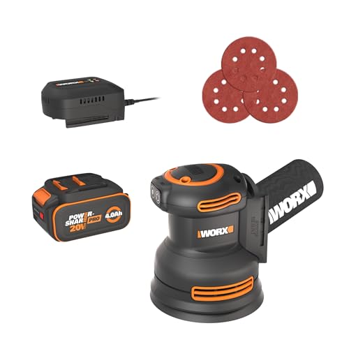 Worx 20V Cordless Random Orbital Sander, Brushless, 150/120/80 Grit Sanding Paper, Cordless Orbital Sander with 1 x 4.0 Ah Battery and 1 X 2 A Fast Charger, WX823L