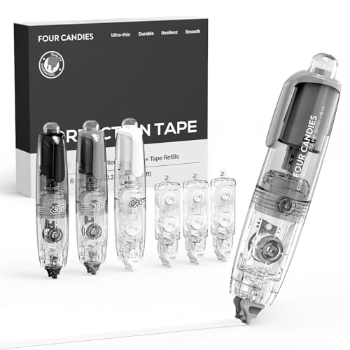 Four Candies Refillable Retractable White Correction Tape, 3PCS White Cute Smooth Push Pull Out Tape with 3 Extra Refills, Aesthetic Pen Shaped Applicator for School Office Supplies