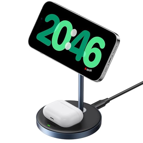 UGREEN MagFlow 2-in-1 Magnetic Wireless Charging Stand Fast Wireless Charger for iPhone 17 16 15 14 13 12 Series and AirPods, MagSafe Compatible Qi Charging Stand with 3 FT USB-C Cable (No AC Adapter)