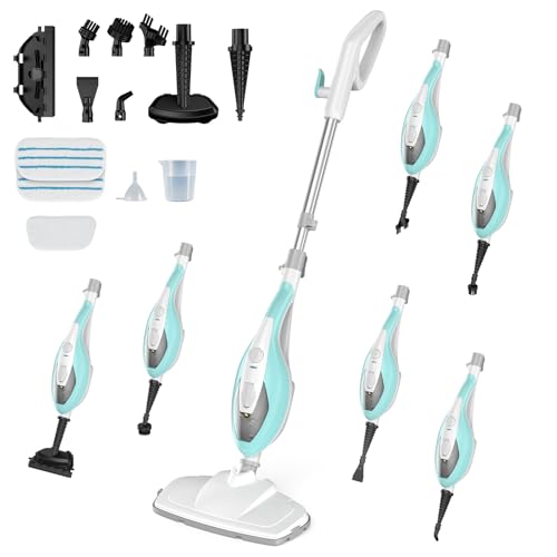 OLIXIS 10-in-1 Steam Mop, 1550W Detachable Handheld Steam Cleaner for Floor Cleaning, 16.4FT Cord, 2 Washable Pads, Multi-Purpose Floor Steamer for Hardwood, Carpet, Tile, Grout, Windows, White Green