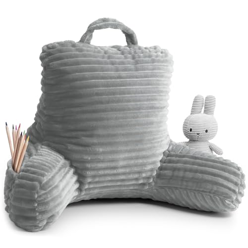 Clara Clark Reading Pillow for Kids – Back Pillow for Sitting in Bed, Plush Bed Pillows for Sitting Up in Bed, Silver Kids Reading Pillow, Shredded Foam Bed Chair Pillow with Arms and Pockets