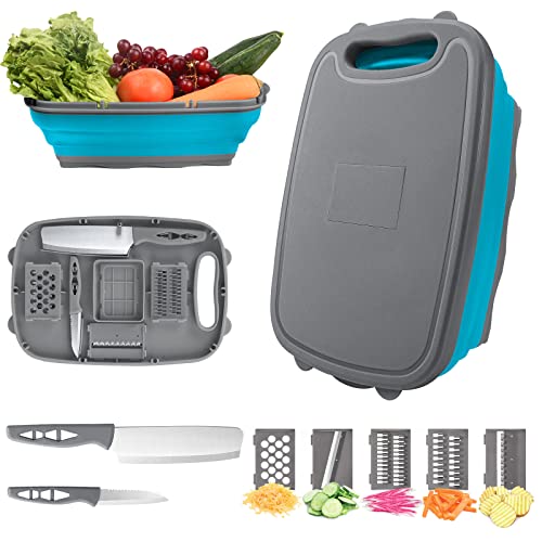 Camping Cutting Board, HI NINGER Collapsible Chopping Board with Colander, 9-In-1 Multi Chopping Board Kitchen Vegetable Washing Basket for Camper,Camping Gifts Camping Accessories for RV Campers