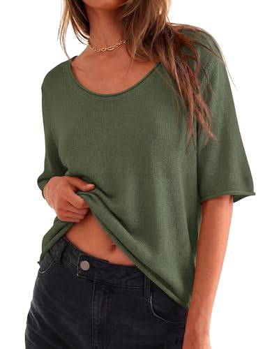 BTFBM Sweaters for Women 2026 Summer Oversized Half Short Sleeve Knitted Pullover V Neck‌ Casual Loose Fit Spring Tops(Army Green, X-Large)