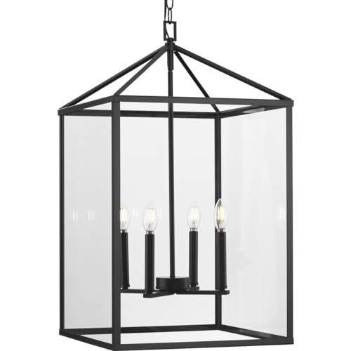 Progress Lighting Hillcrest 17 in. 4-Light Matte Black Modern Farmhouse Foyer Light for Halls