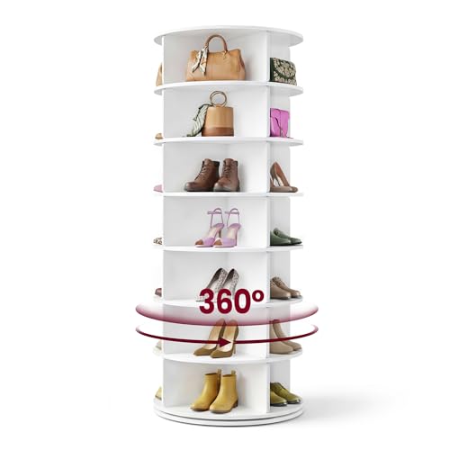 VASAGLE 7-Tier Rotating Shoe Rack Tower, Free Standing 360 Degree Spinning Shoe Organizer, Lazy Susan Bag Display Storage Rack, for Corners, Closets, Small Spaces, White ULBS047WZ01