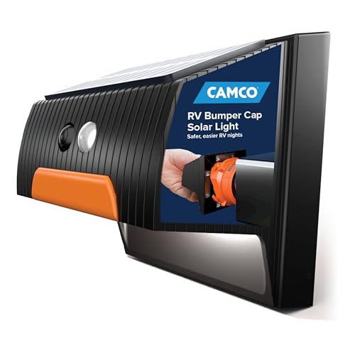 Camco RV Bumper Cap Solar Light — Motion-Activated Lighting – Fits 4" Square RV Bumpers – Helps Keep Bugs Out & Allows for RV Sewer Hose Storage Inside Bumper (40332)