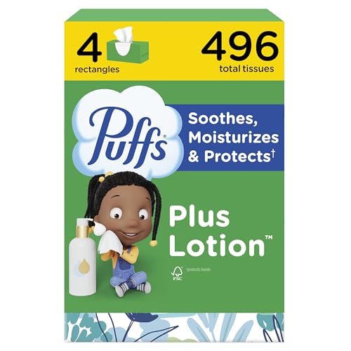 Puffs Facial Tissues Plus Lotion, 4 Family Boxes, 124 Facial Tissues per Box, Allergies and Colds (Packaging May Vary)