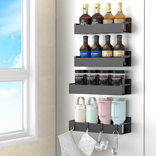 HuggieGems 4 Pack Magnetic Spice Rack Organizer for Refrigerator and Oven, Black Fridge Organizers and Storage for Kitchen