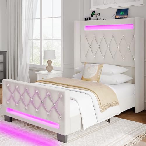 Rolanstar Twin Bed Frame with LED Light and Charging Station, Upholstered High Headboard and Footboard, Wood Slats, Noise Free, Easy Assembly, Beige