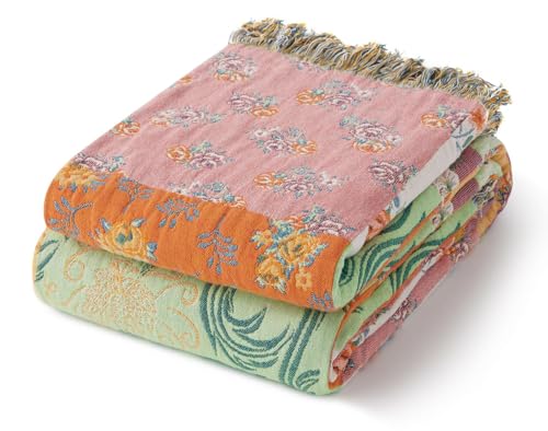 RILIHO 100% Cotton Boho Throw Blanket for Home Decor – Classic Farmhouse Quilt Bedding, Muslin Blankets for Adults, Vintage Woven Decorative Blanket for Couch, Bed Layering Use, Patchwork, 60"x80"