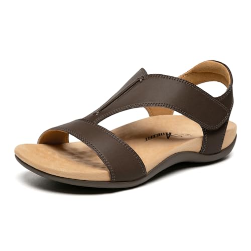 Athlefit Brown Orthopedic Sandals for Women Comfortable Orthotic Flat Sandals with Adjutable Strap for Summer Beach Casual Walking 5.5