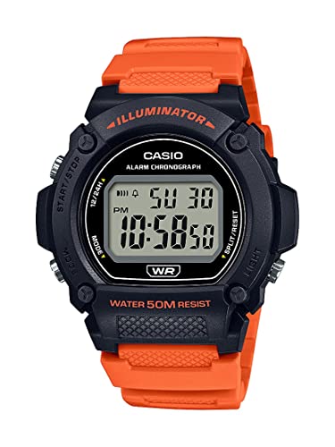 Casio W219H Series | Men’s Digital Watch | Black/Orange | 50M WR | LED Illuminator | 100 SEC Chronograph | 1/100 SEC Stopwatch | Daily Alarm | Hourly Time Signal | Auto Calendar | 7 Year Battery