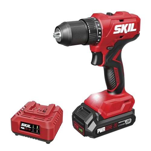 SKIL PWR CORE 20 Brushless 20V 1/2-Inch Drill Driver Kit, Includes 2.0 Ah Battery and Charger - DL6280B-10