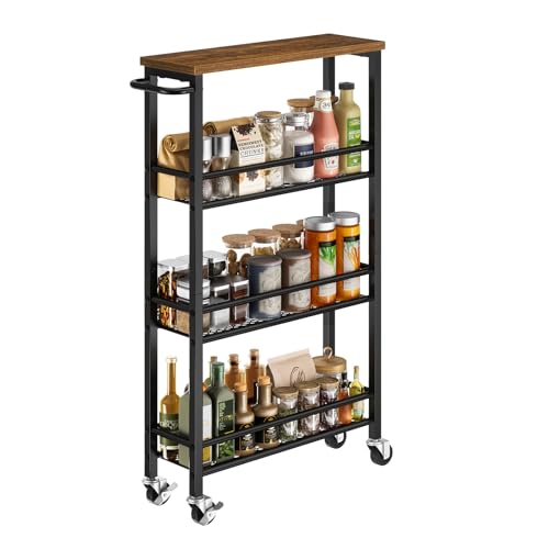 Pipishell Slim Storage Cart with Wheels - 4 Tier Rolling Kitchen Storage Cart with Handle and Wood Top, Metal Slim Bathroom Cart for Laundry Room, Bathroom, Kitchen, Narrow Space, Black & Rustic Brown