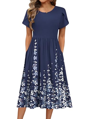 HOTOUCH Women's Summer Long Dress Short Sleeve Aline Flowy Dresses Flroal Beach Sundress Casual Crewneck Loose Midi Shift Dress Resort Wear Outfits
