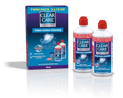 CLEAR CARE Cleaning & Disinfecting Contact Lens Solution, 12 fl oz, Twin Pack, For Soft & RGP Lenses, No Rubbing, Preservative-Free, Included Lens Case, Deep Cleans and Removes Deposits