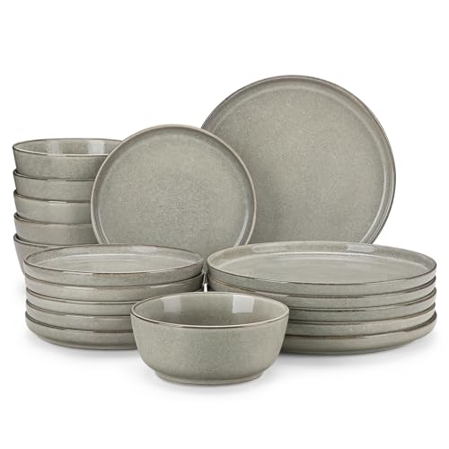 vancasso ANYA 18 Pieces Plates and Bowls Set, Stone Grey Dinnerware Sets, Reactive Glaze Dishes Set for 6, Ceramic Dishware Sets Kitchen Dinner Set, Microwave & Dishwasher Safe