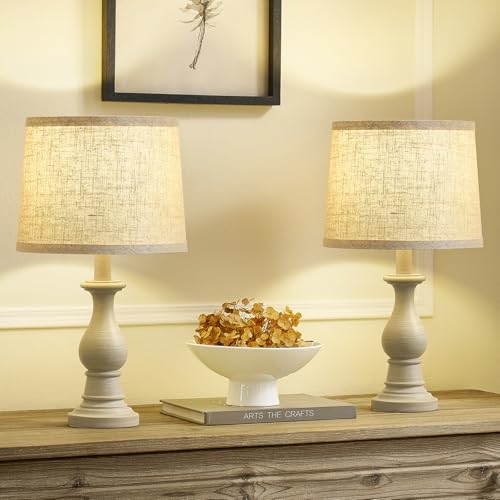 Hikczc Vintage Table Lamp for Living Room Bedroom, 18.5" Farmhouse Bedside Lamps Nightstand Lamp Set of 2, Table Lamps with Oatmeal Linen Lamp Shades, 2 LED Bulbs Included