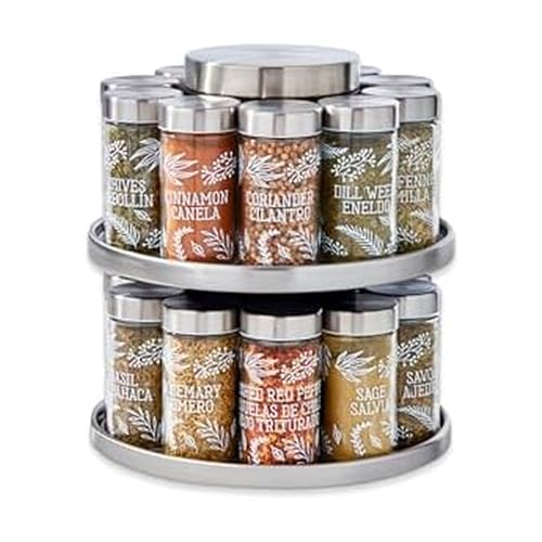 Kamenstein 20 Jar Revolving Spice Rack with Integrated Tool Caddy, Brushed Stainless Steel with Stainless Steel Caps