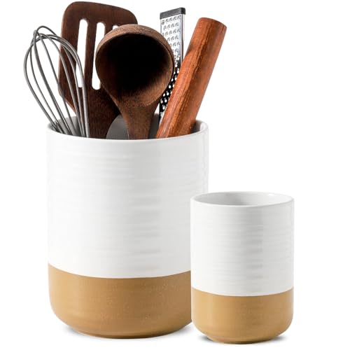 HASENSE Ceramic Utensil Holder for Counter, 7.4"+5.5" Large Kitchen Utensil Organizer for Kitchen Utensil, White Cooking Utensil Crock to Hold Spatulas, Farmhouse Decor, Set of 2