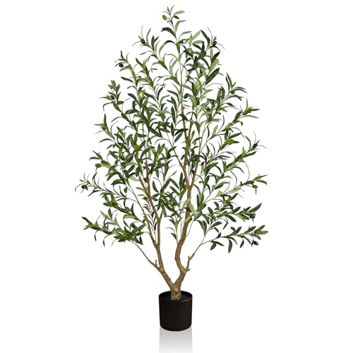 Olive Trees Artificial Indoor 5FT Tall, Faux Olive Tree with Black Basic Planter, Lifelike Fake Olive Plant Decorative, Silk Leaves and Premium Plastic Trunk for Home Living Room Office Decor