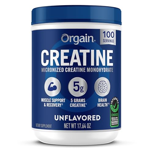 Orgain Creatine Monohydrate Micronized Powder, 100 Servings, Unflavored, Supports Muscle Growth, Post Workout Recovery and Brain Health, No Artificial Additives, for Men & Women (Packaging May Vary)
