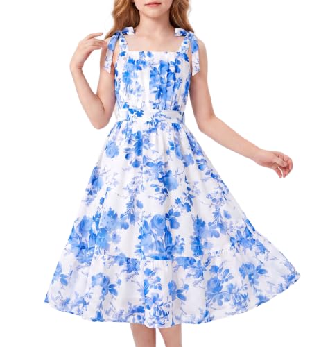 GRACE KARIN Girls Hawaiian Dress Floral Chiffon A-Line Sleeveless Summer Sundress for Beach Vacation Easter Party Blue Size 10