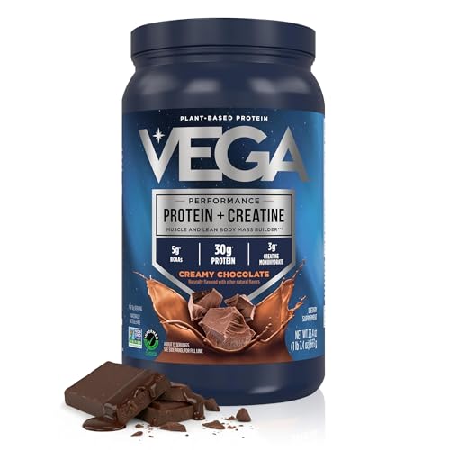 Vega Protein + Creatine – 30g Plant Based Protein Powder + 3g Creatine So You Bounce Back Faster – Low Carb Plant Protein Powder, Post Workout Vegan Shake – Chocolate, 13 Servings, 1.46 lb (Pack of 1)
