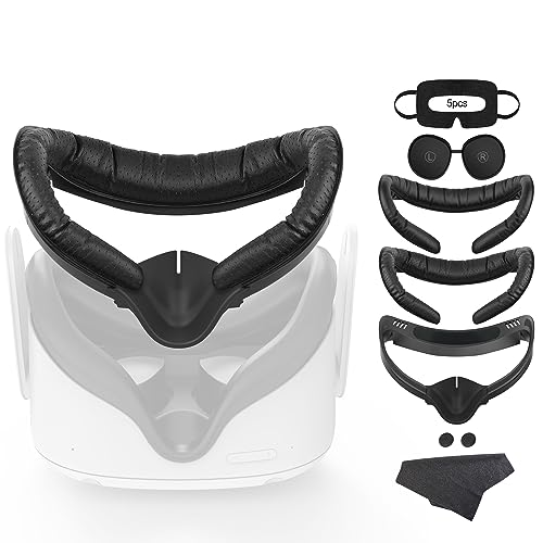 VR Facial Interface for Oculus Quest 2 Face Pad Replacement, 2PCS PU Leather Foam Cushion Pad for Meta Quest 2 with Vr Lens & Thumbstick Covers, 5PCS Disposable Eye Covers