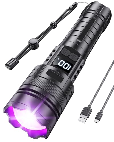 Flashlight Rechargeable with UV Light and White Light, 365NM Blacklight and High lumens White Light with LCD Display, Zoomable 6 Modes for Memory Function, for Pet Urine Detection, Camping, Emergency