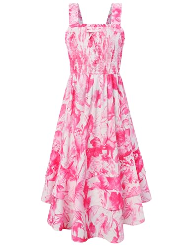 GRACE KARIN Party Dresses for Girls Elastic Straps Smocked Maxi Long Casual Boho Dress 8-10,Hot Pink Tropical