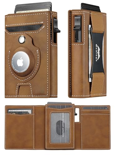 Smart Airtag Wallet for Men Slim: Pop up Card Wallet with Airtag Holder - Apple Air tag Wallet with Cash Strap - RFID Leather Trifold Wallet Men for Gifts