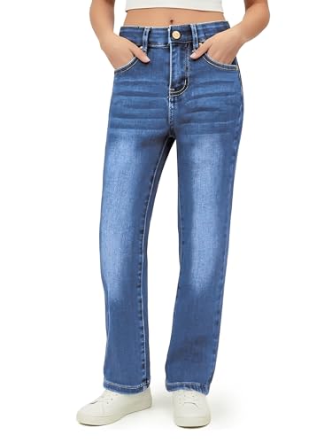 PATPAT Girls Bootcut Jeans Size 8, Blue, Elastic Waist Jeans with Pockets Straight Leg Pants 7-8