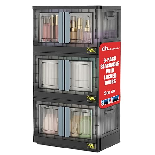 Quik Box - 8.5 Gallon 3-Pack Stackable Storage Bins with Doors & Wheels - Collapsible Organizer for Dorms, Bedroom & Home - Durable Polystyrene - Black