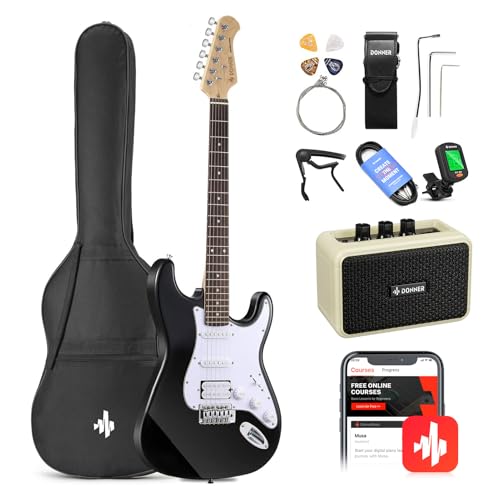 Donner DST-100B 39 Inch Electric Guitar Beginner Kit Solid Body Full Size Black HSS for Starter, with Amplifier, Bag, Digital Tuner, Capo, Strap, String,Cable, Picks