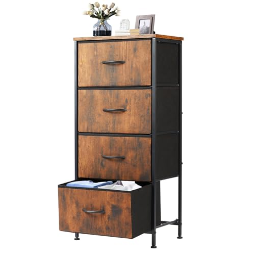 DUMOS Nightstand with 4 Drawers Bedside Table with Removable Fabric Bins Sturdy Steel Frame Wood Top Organizer Furniture for Bedroom Closet Living Room