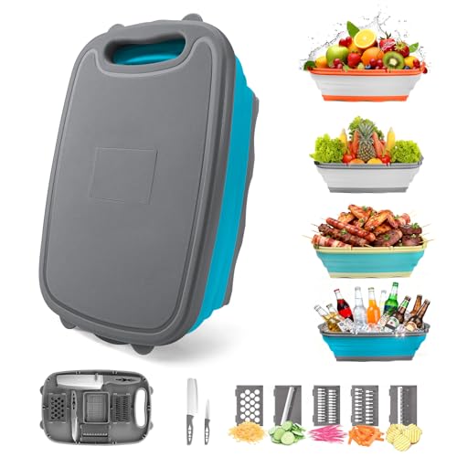Gintan Collapsible Camping Cutting Board, 9-in-1 Chopping Board with Colander, Kitchen Vegetable Washing Basket for Camping, Camping Gifts Camping Accessories for RV Campers (Blue+Grey)