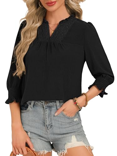 Funlingo 3/4 Length Sleeve Womens Tops Dressy Casual Blouses Boho Ruffle V Neck Lace Crochet T Shirts with Smocked Cuffs 2026 Fashion Clothing Black S
