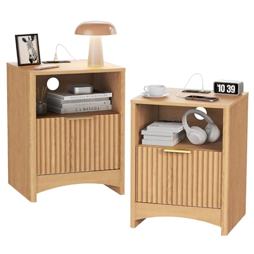 Marsail Nightstand Set of 2 with Drawers, Modern Night Stand with Charging Station, USB & AC Ports & Wood Grain Finish, Fluted Bedside Table & End Table for Bedroom, Natural Oak