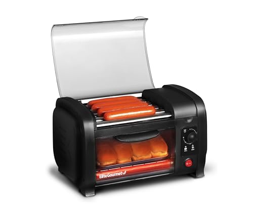 Elite Gourmet EHD-051B Hot Dog Toaster Oven, 30-Min Timer, Stainless Steel Heat Rollers Bake & Crumb Tray, World Series Baseball, 4 Bun Capacity, Black