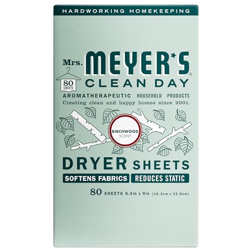 MRS. MEYER'S CLEAN DAY Dryer Sheets, Fabric Softener, Reduces Static, Infused with Essential Oils, Birchwood, 80 Count