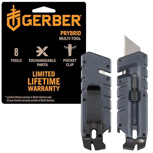 Gerber Gear Prybrid Utility Knife with Pocket Clip, Box Cutter Retractable Blade, Heavy Duty Utility Razor with Pry Bar, Bottle Opener, and Wire Stripper, Multi tool Pocket Knife, Blue with Clip
