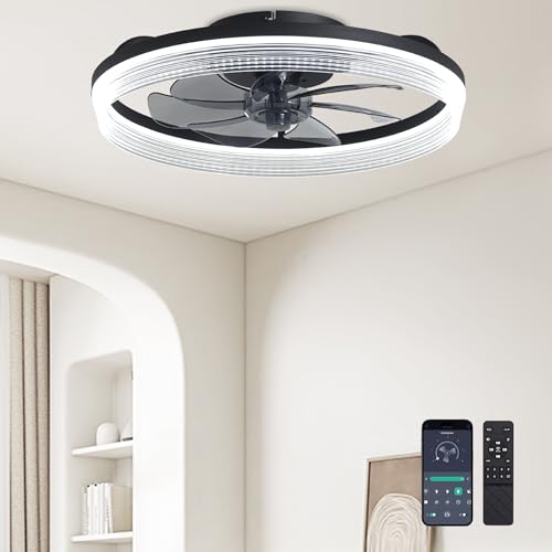 Ceiling Fans with Lights and Remote Fandelier - Black 20'' Flush Mount Low Profile Modern Ceiling Fans for Bedroom - Stepless Color Temperature and 6 Speeds