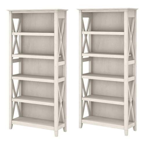 Bush Home Key West 5 Shelf Bookcase - Set of 2 | Tall Bookshelves in Linen White Oak | Sturdy Display Shelves for Library, Living Room, and Home Office