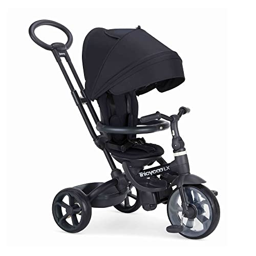 Joovy Tricycoo LX Premium Kids Tricycle with 8 Stages Featuring Chunky Front Tire, Removable and Adjustable Parent Handle, Machine-Washable Seat Pad, and Retractable Canopy, Black, 1 Count (Pack of 1)
