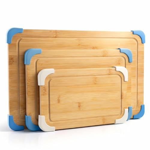 COOK WITH COLOR Non-Slip Cutting Board Set – Kitchen Essentials with Easy Grip Handle for Meat, Veggies, and Fruits, 3 Cutting Boards, Bamboo Non-Slip Light Blue